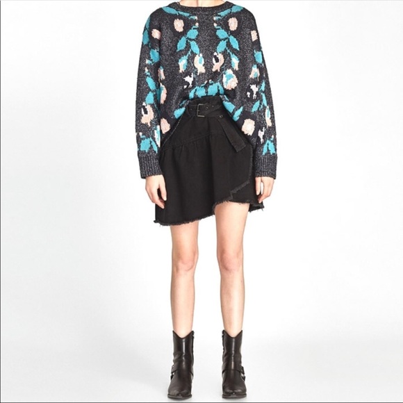 NWOT Zara Black Denim Raw Hem Belted Mini Skirt Size Small - Picture 3 of 8